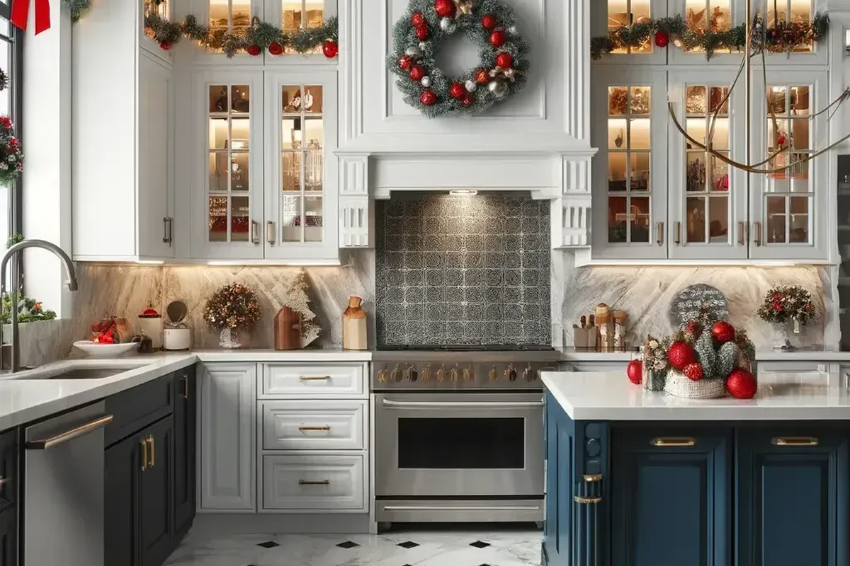 Modern kitchen with white cabinets, dark blue island, stainless appliances, and warm wood flooring
