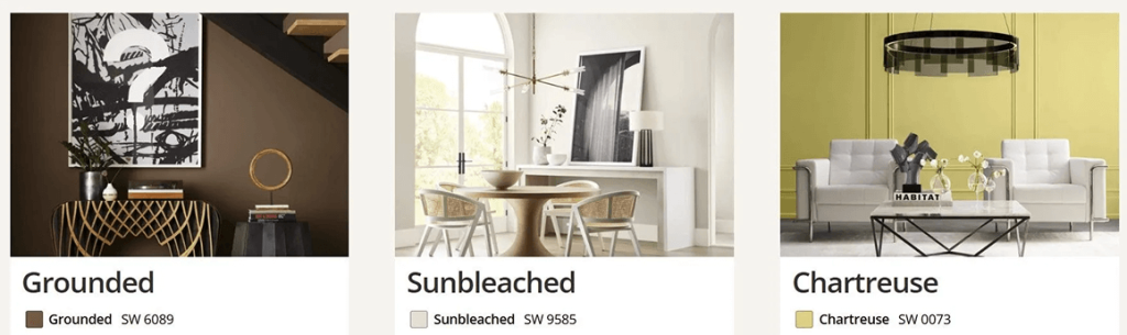 Three living room decor panels in black, beige, and yellow interior styles.