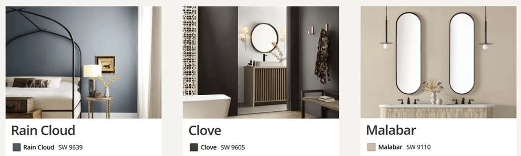 Three interior design panels showing gray, black, and beige rooms with decor labeled Rain Cloud, Clove, and Master.
