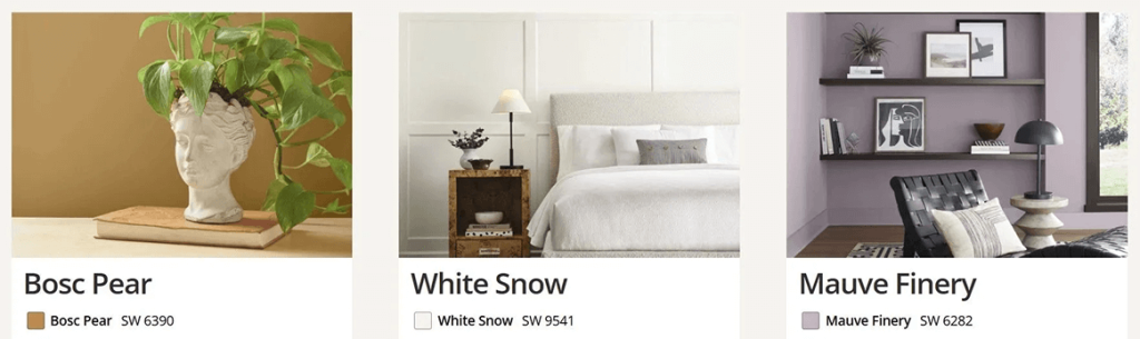 Three candleholders on white shelves: beige, white, and lavender, labeled Boss Pear, White Snow, and Mauve Finery.
