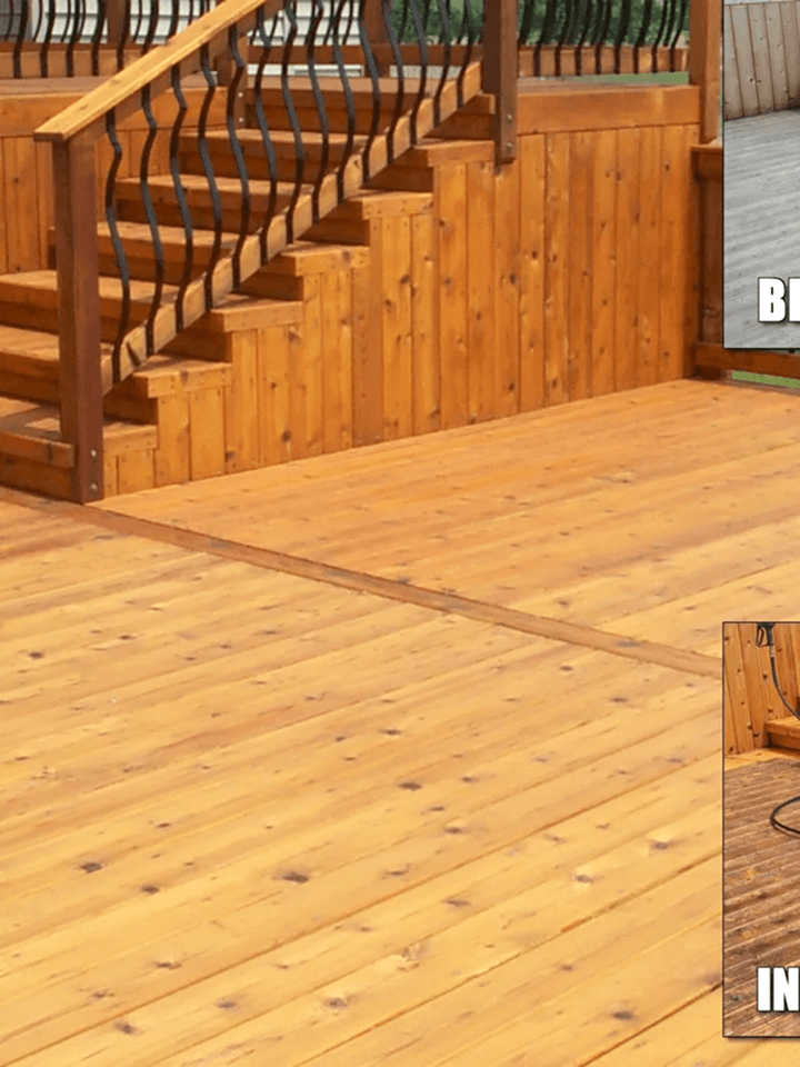 Wooden deck with stairs, railing, and paneled skirting in a sunny outdoor setting