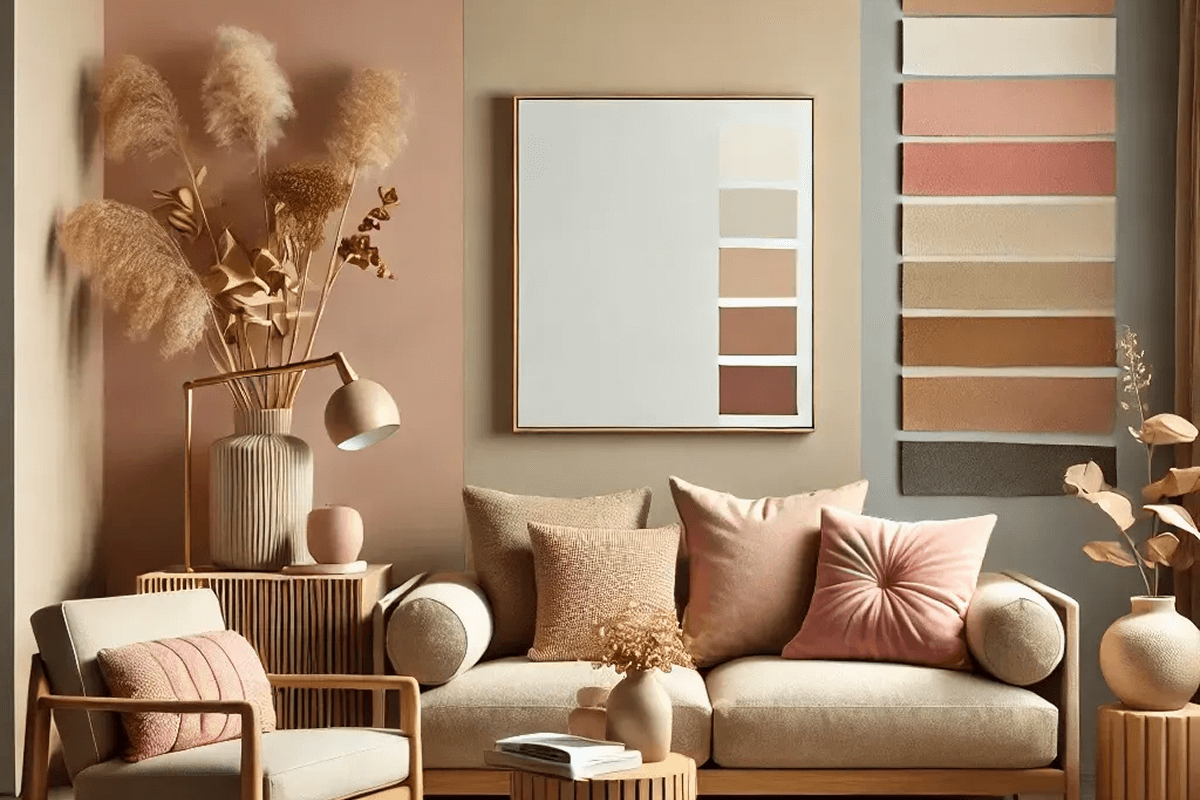 Cozy beige living room with sofa, dried grasses, and framed color swatches on the wall
