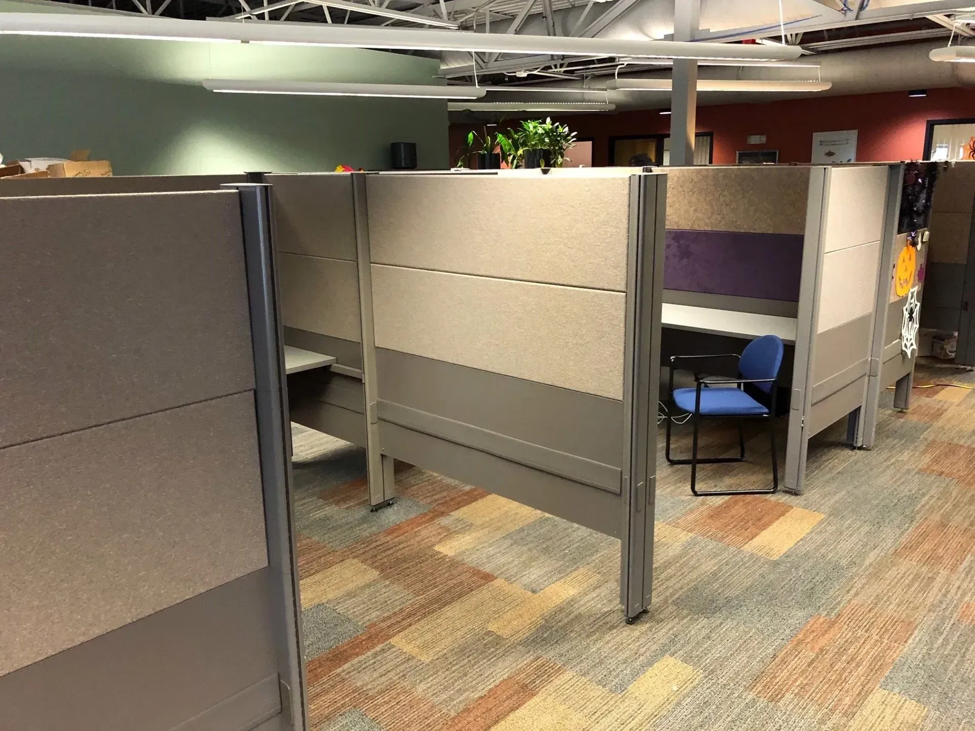 Office cubicles with gray partitions and blue chairs under fluorescent lighting