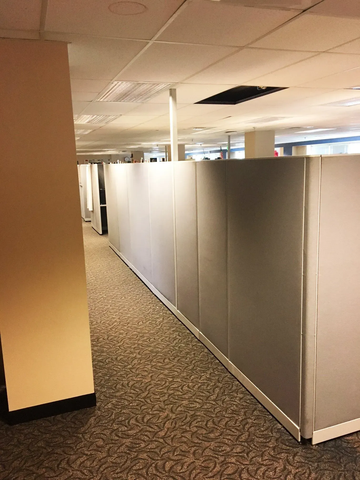 Office cubicle hallway with beige partitions, patterned carpet, and a damaged ceiling tile.