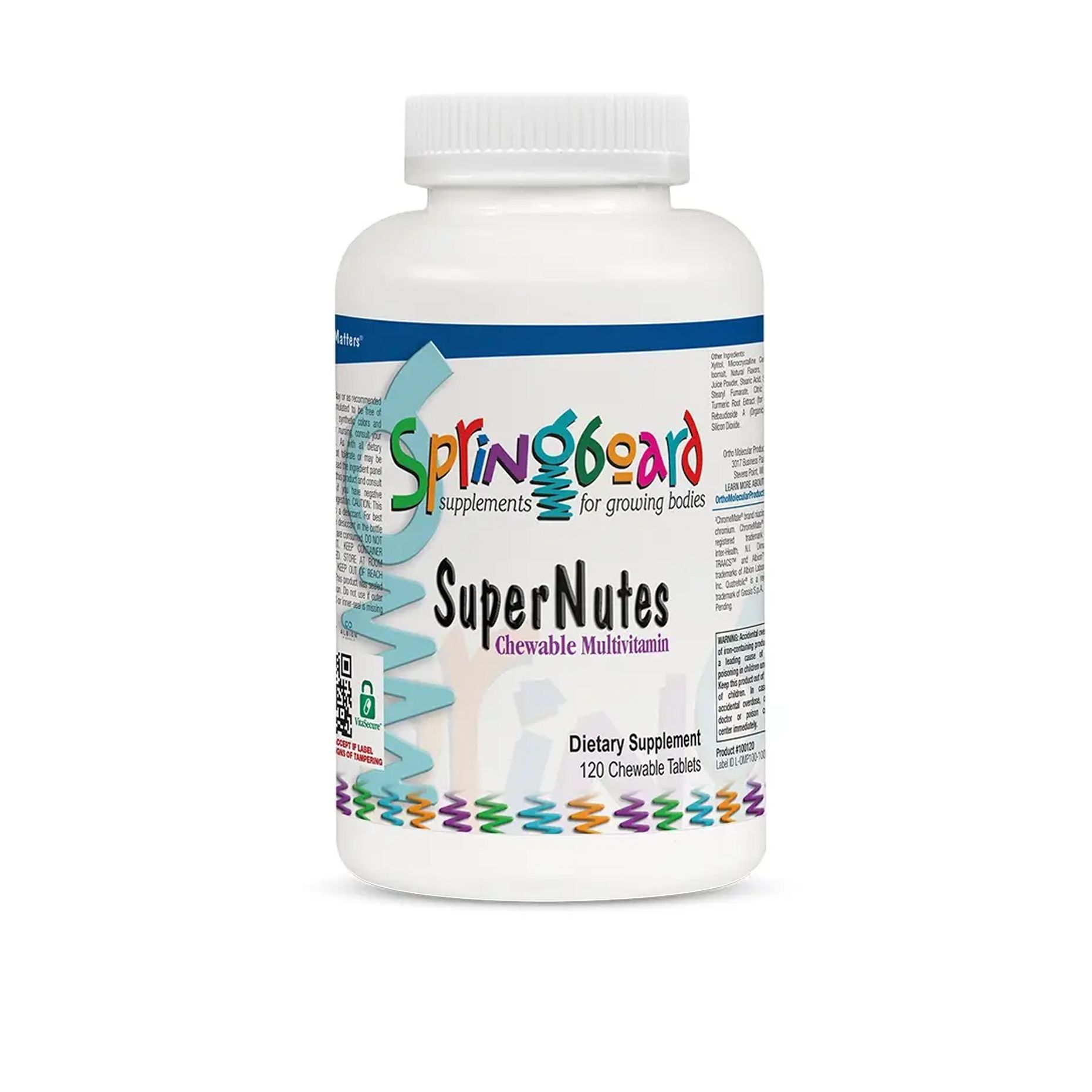 SuperNutes - White bottle of Springboard SuperNutes chewable multivitamins for growing bodies, 120 tablets.