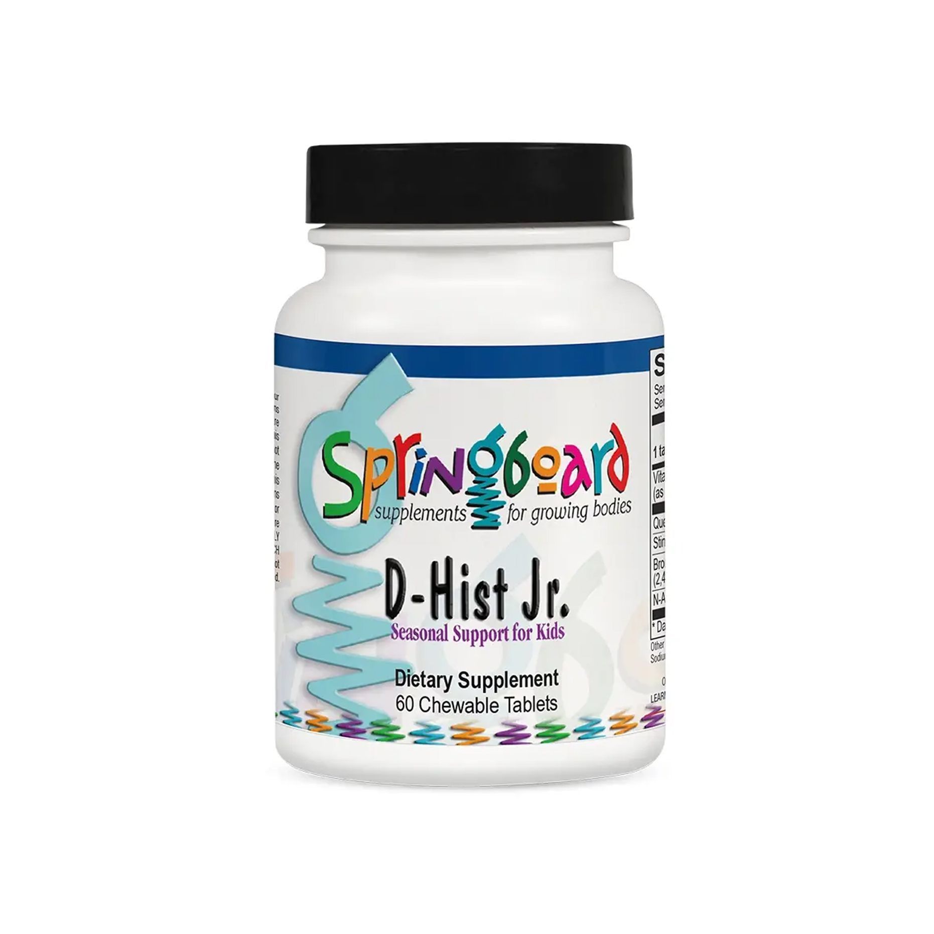 D-Hist Jr. - White bottle of Springboard D-Hist Jr. dietary supplement for kids, with colorful logo and text.
