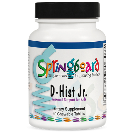 D-Hist Jr. - White bottle of Springboard D-Hist Jr. dietary supplement for kids, with colorful logo and text.