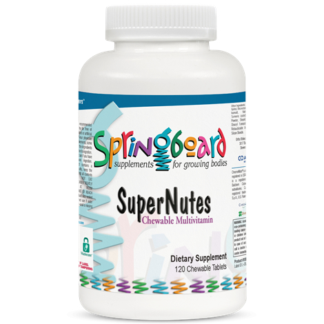 SuperNutes - White bottle of Springboard SuperNutes chewable multivitamins for growing bodies, 120 tablets.