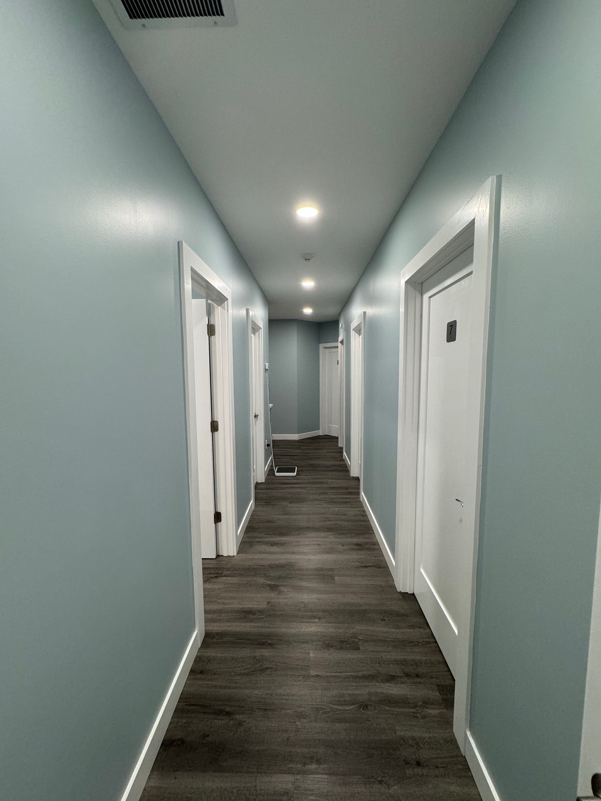 Long, narrow hallway with blue-painted walls, white doors, recessed lighting, and dark wood-look flooring.