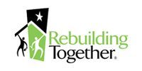 Rebuilding Together logo with a green house, black roof, and white star on a black flag