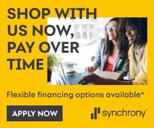 Promotional banner: “Shop with us now, pay over time” with Apply Now button and Synchrony logo