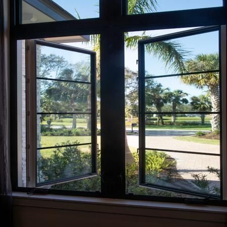 Open window with view of sunny street, green lawn, and palm trees