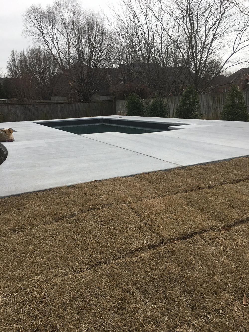Backyard patio with white concrete and a dark rectangular pool or cover, bordered by grass and leafless trees