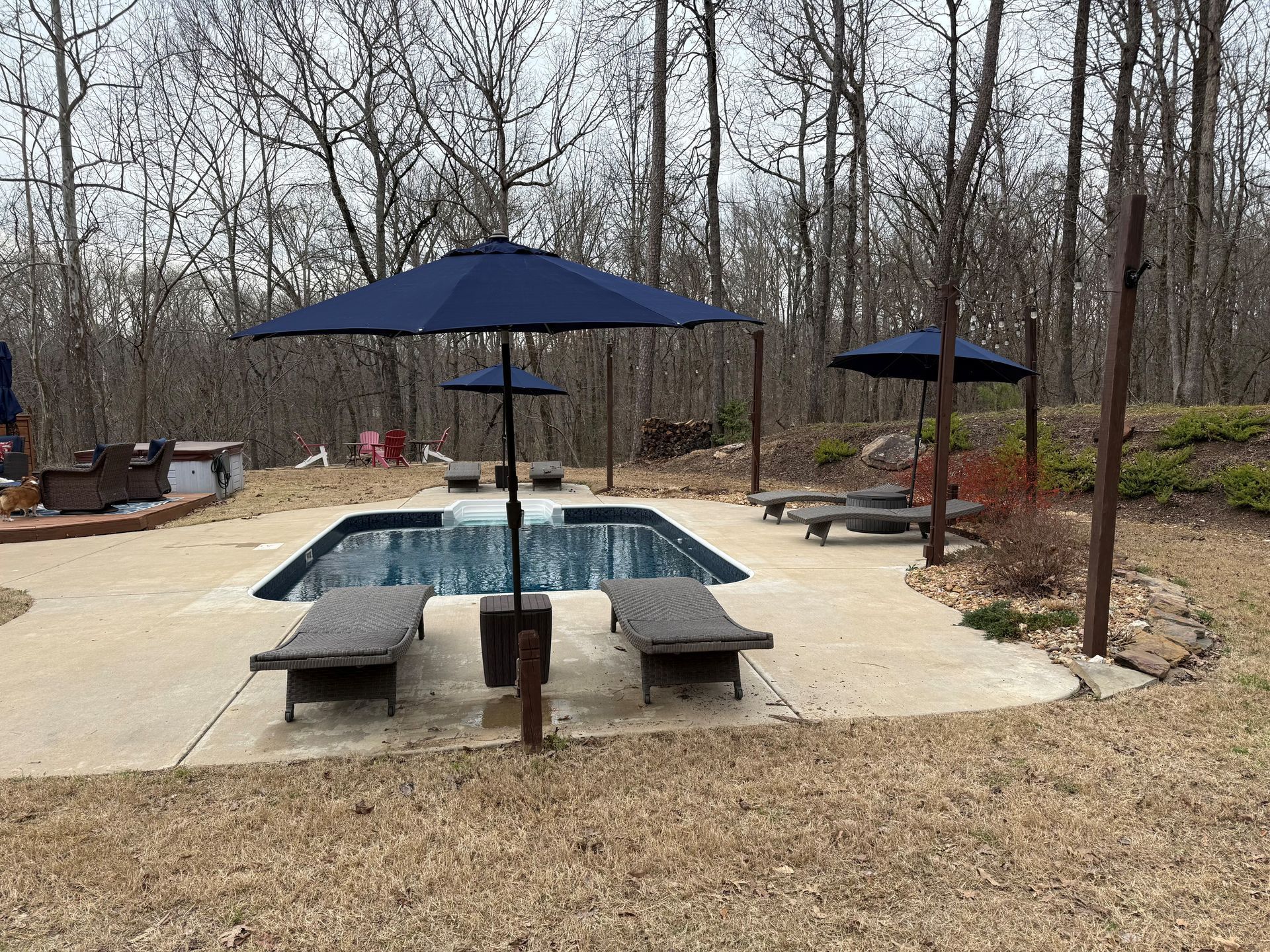 Backyard pool with blue umbrellas, lounge chairs, and a stone patio surrounded by bare trees
