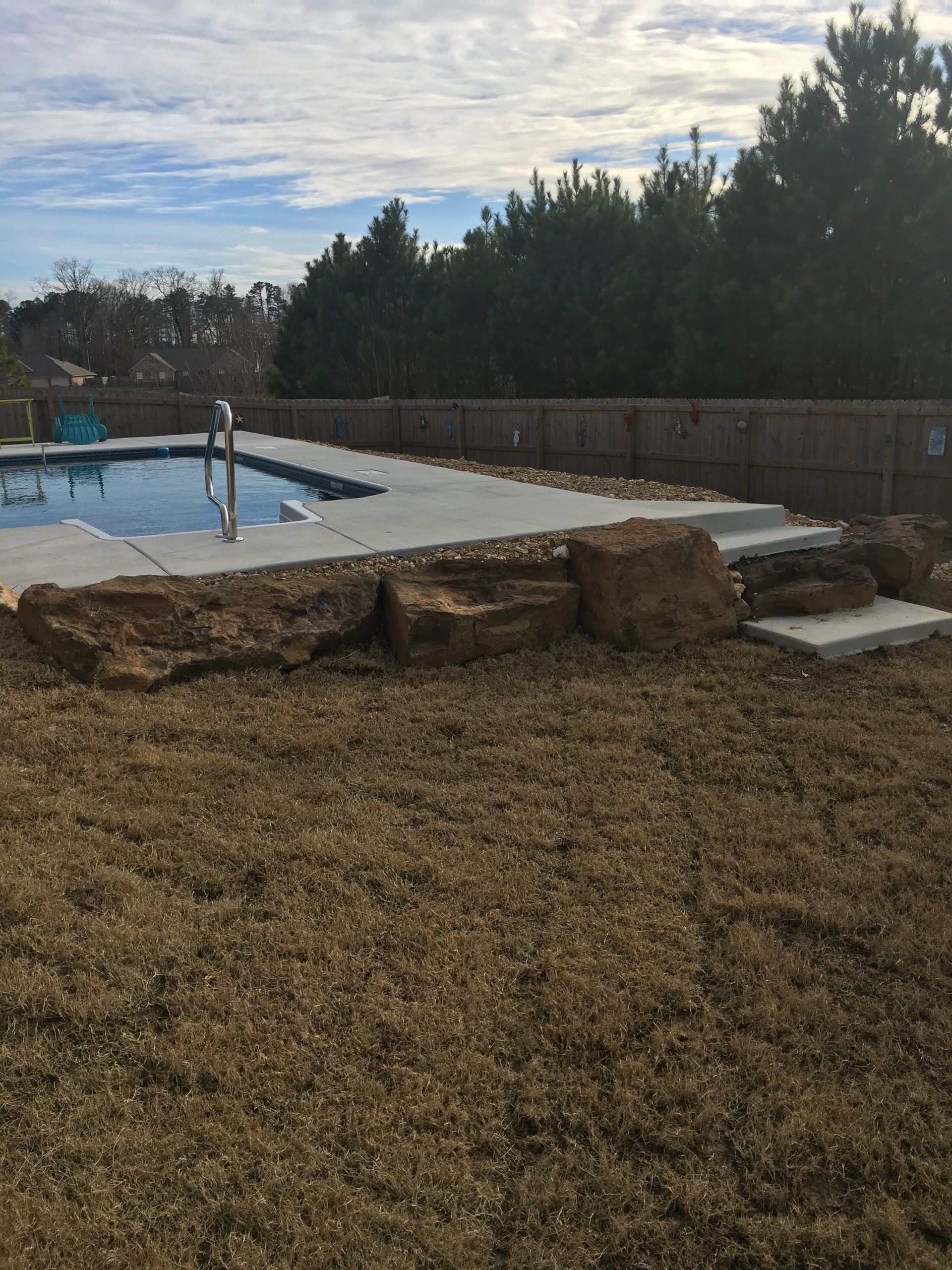 Backyard pool with stone retaining wall and steps, surrounded by brown winter grass and trees.