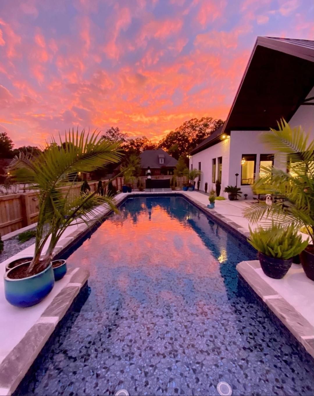Luxurious pool at sunset with pink sky, white villas, and potted palms lining the water