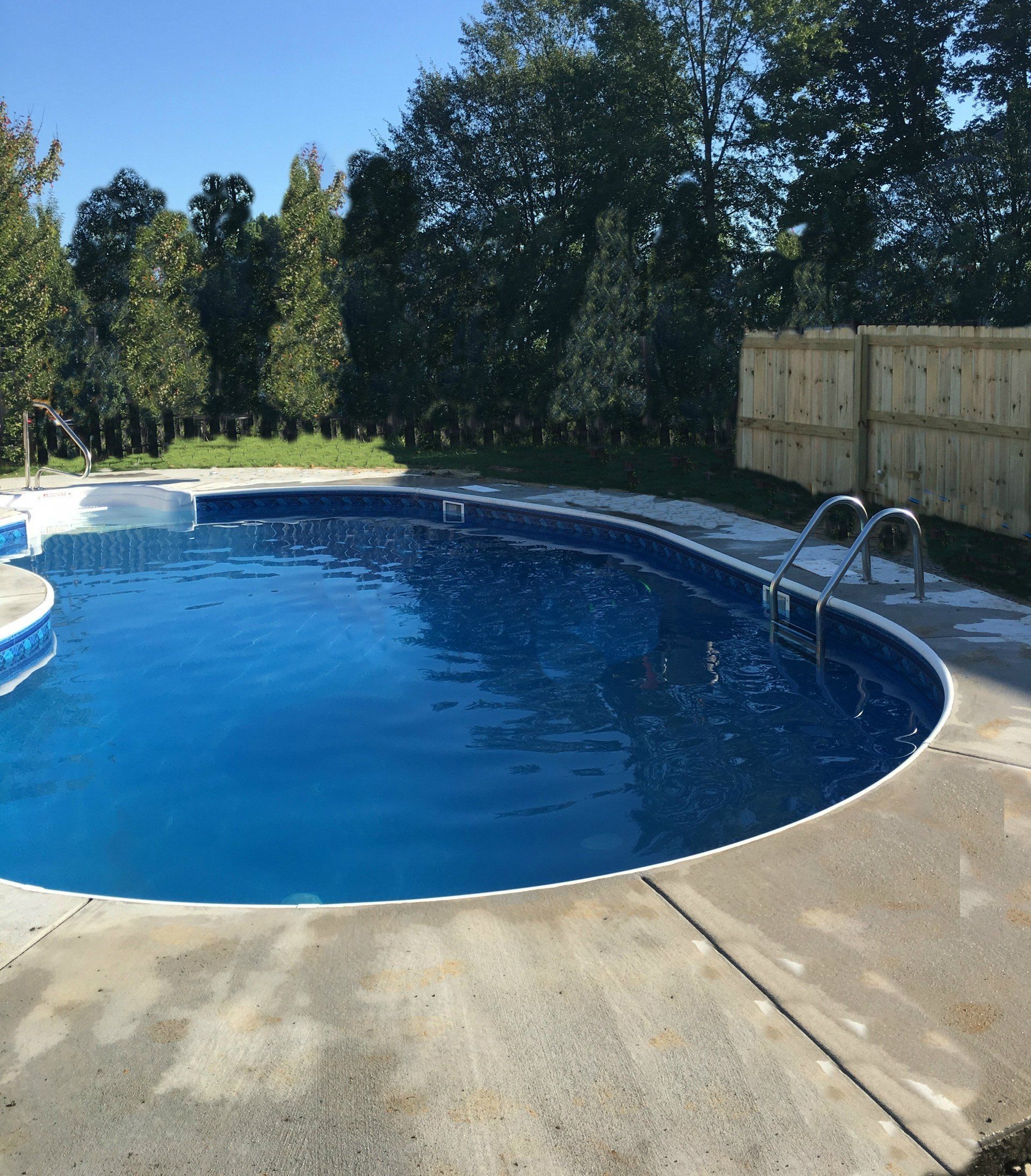 Backyard swimming pool with blue water, concrete deck, ladder, and trees behind a wooden fence