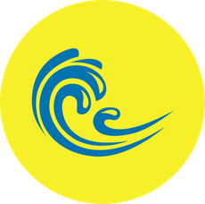Blue stylized wave logo on a yellow circle background