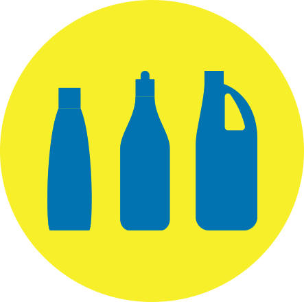 Blue recycling symbols for bottles and a detergent container on a yellow circle background