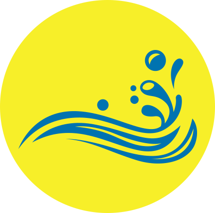 Blue swimming logo on a yellow circle with stylized water splashes and waves