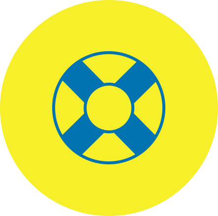 Yellow circle with a blue-and-yellow life preserver symbol in the center