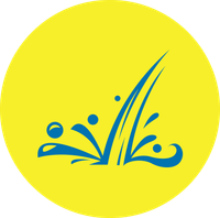 Blue water splash logo on a yellow circle background