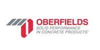 Logo for Oberfields with red text, a red shape, and gray lines,