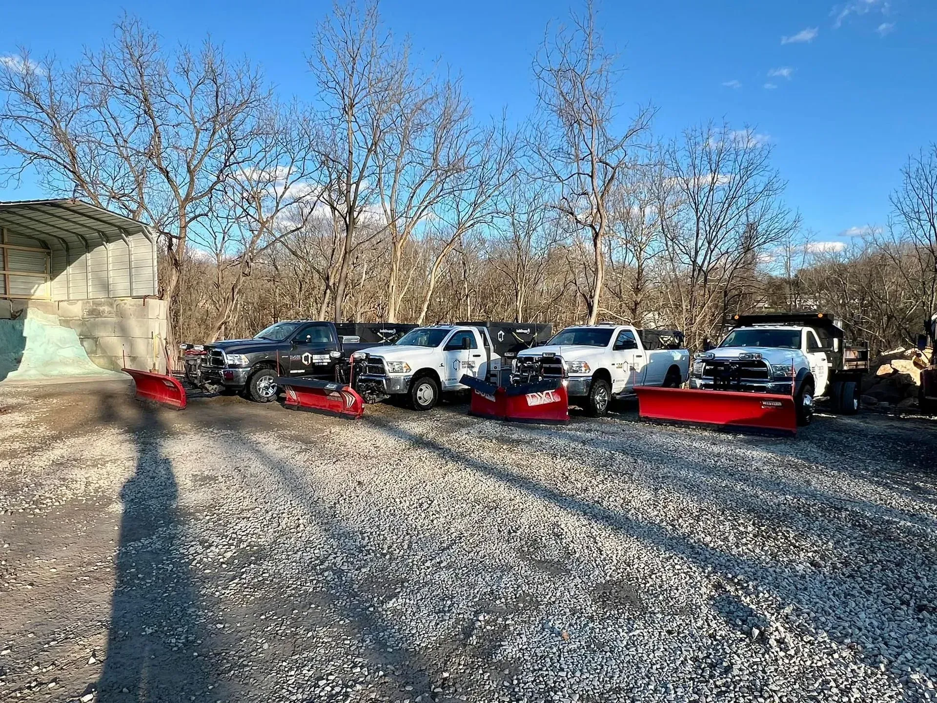 Several trucks with snowplows parked on gravel with bare trees in background.