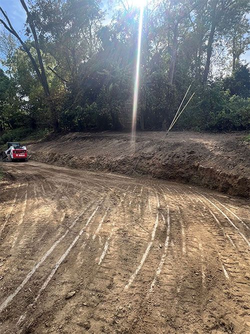 A small bulldozer works on a dirt lot, sunlight streaming through trees in the background.