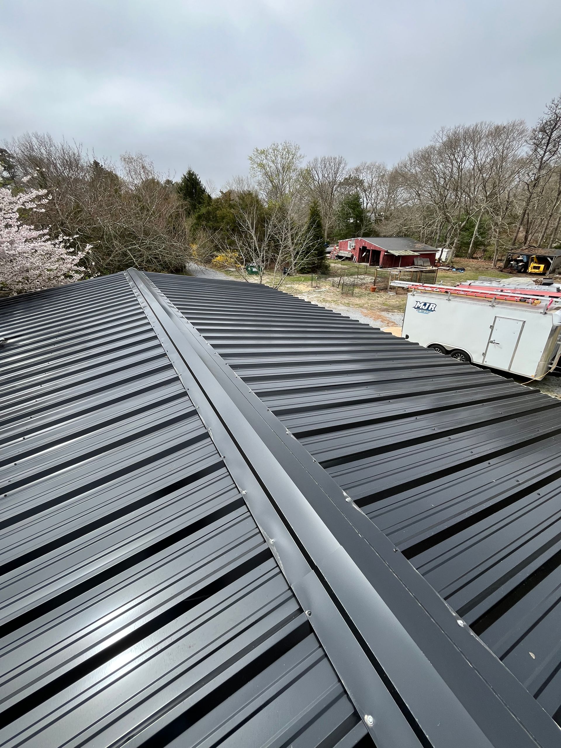 Black metal roof panels with a central seam, viewed against trees and a cloudy sky.