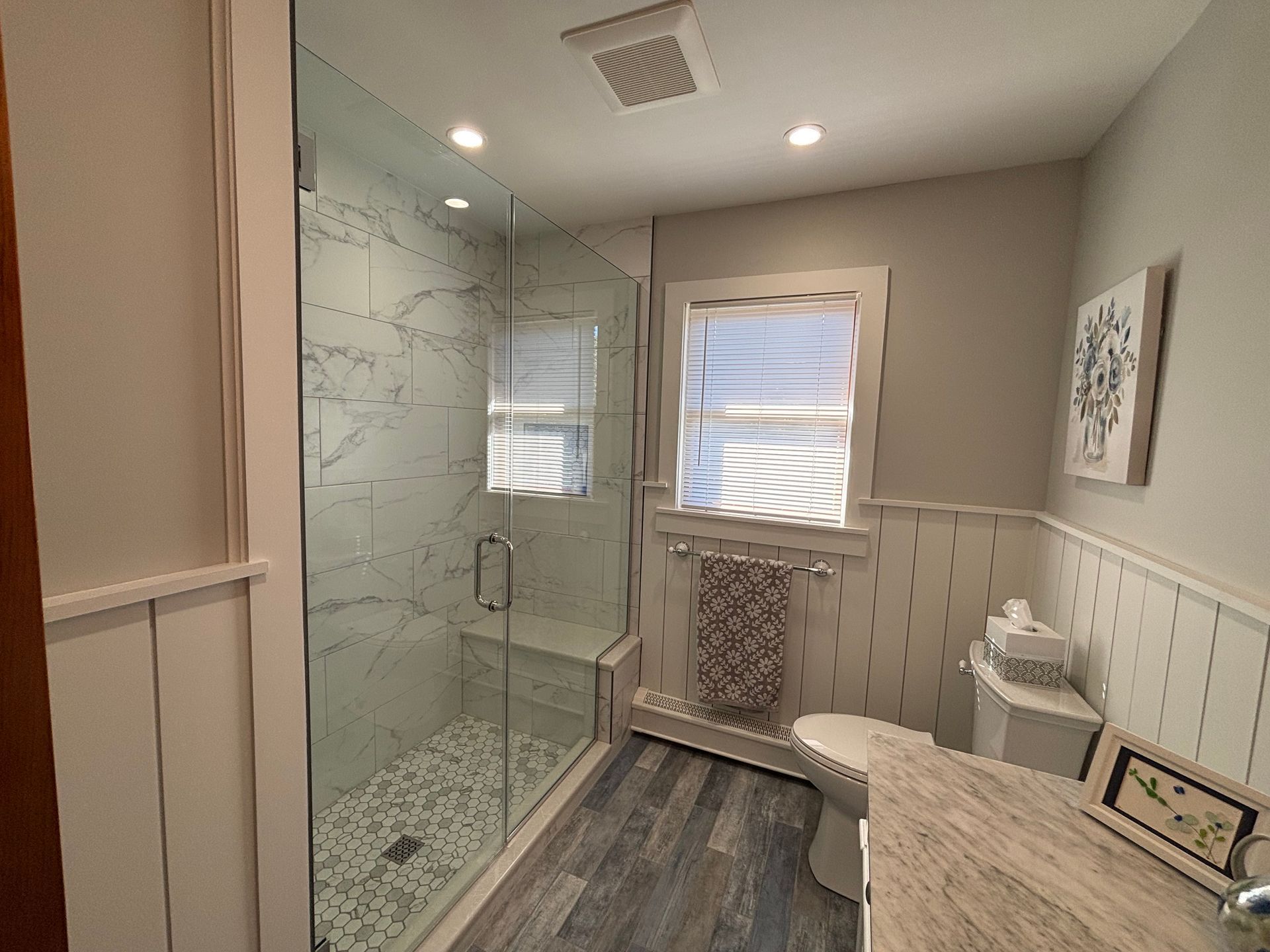 Modern bathroom with glass shower, wood-look floor, white wainscoting, and a granite vanity.