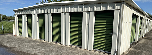A row of storage units with green doors are lined up next to each other.