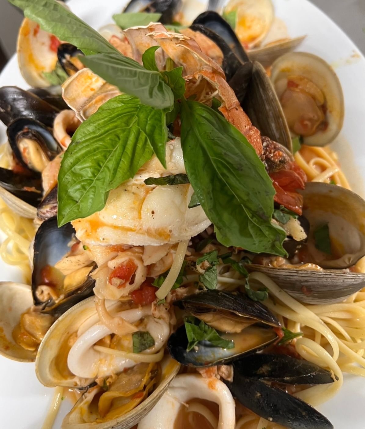 Seafood pasta with clams, mussels, calamari, lobster, and fresh basil.