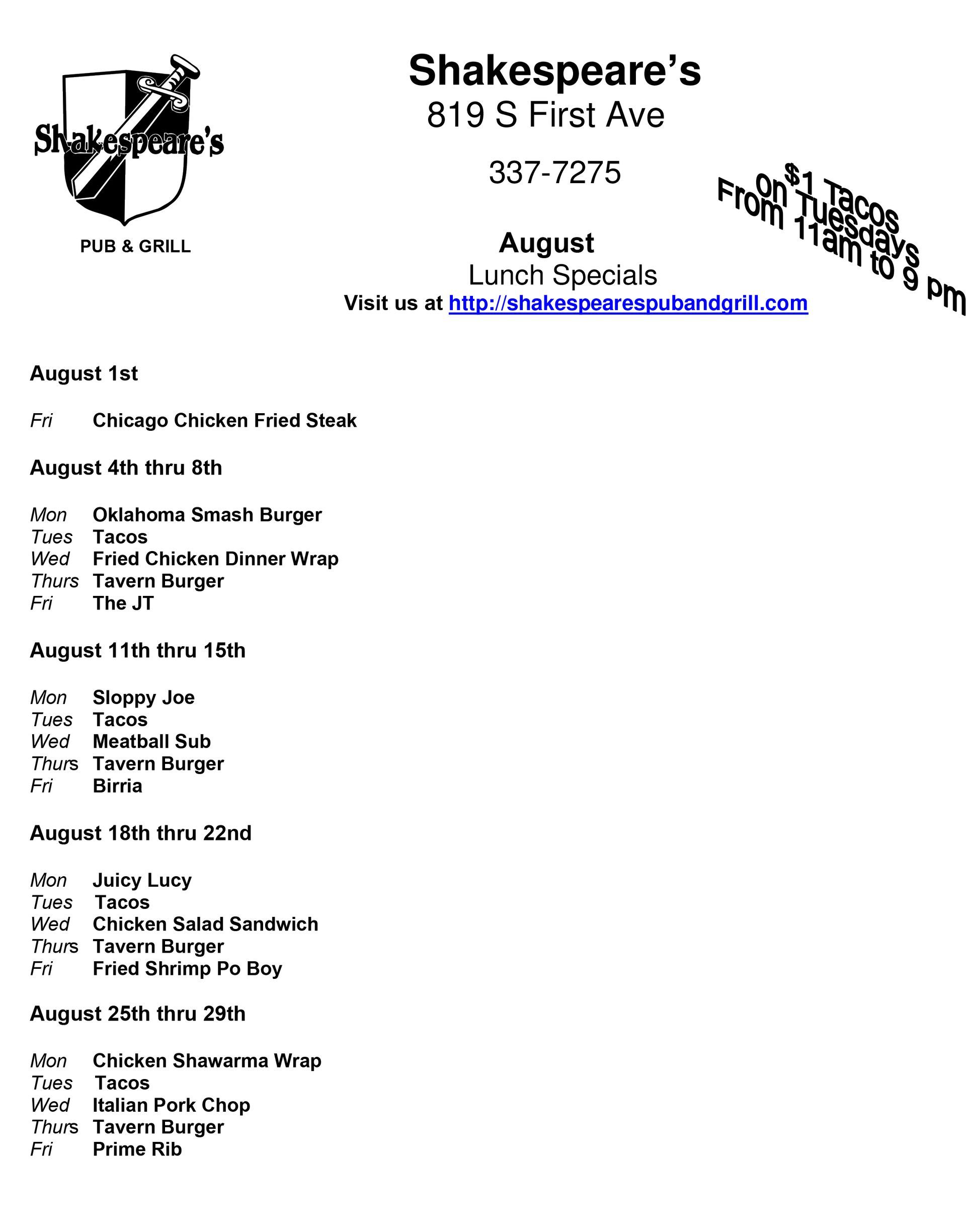 August Lunch Specials