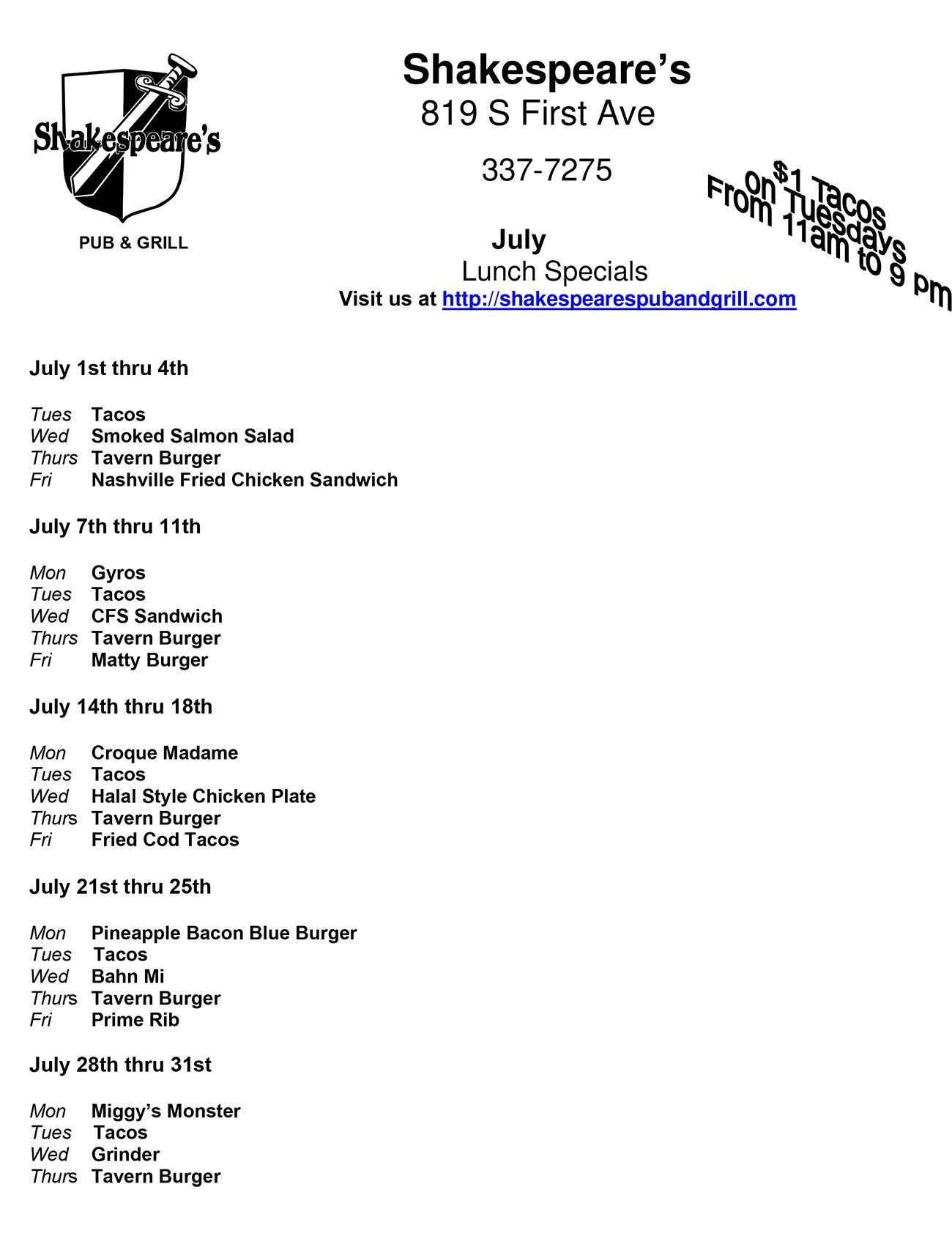 July Lunch Specials
