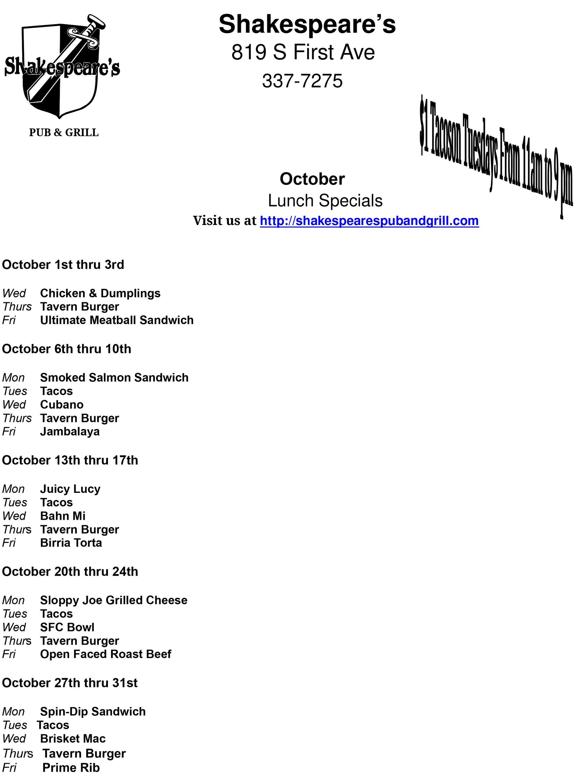 October Lunch Specials