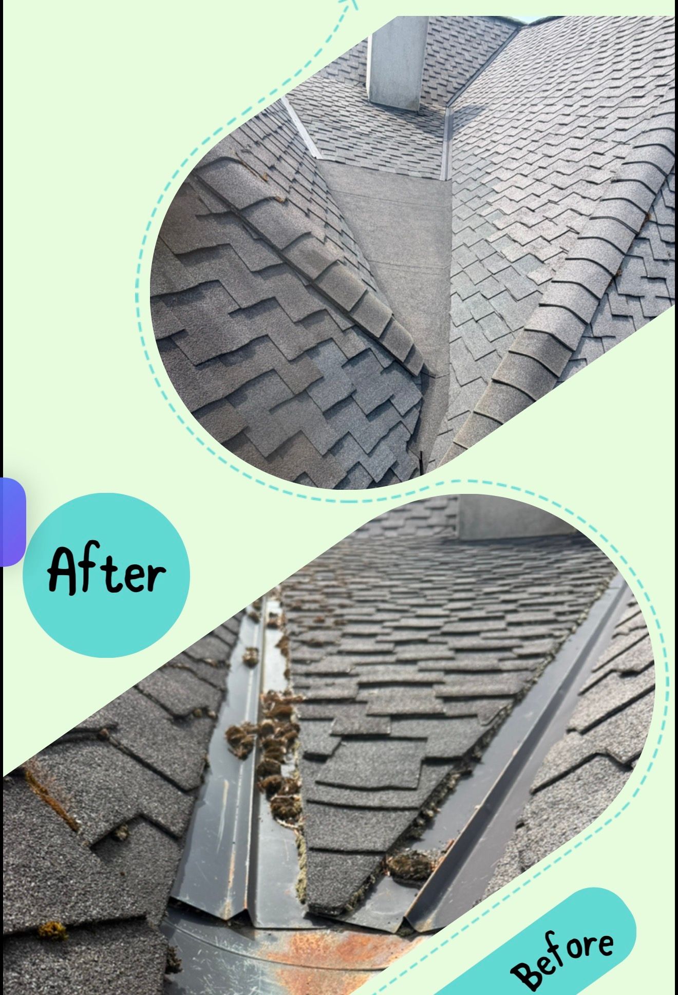 Before-and-after roof repair photos showing damaged shingles and a patched section.