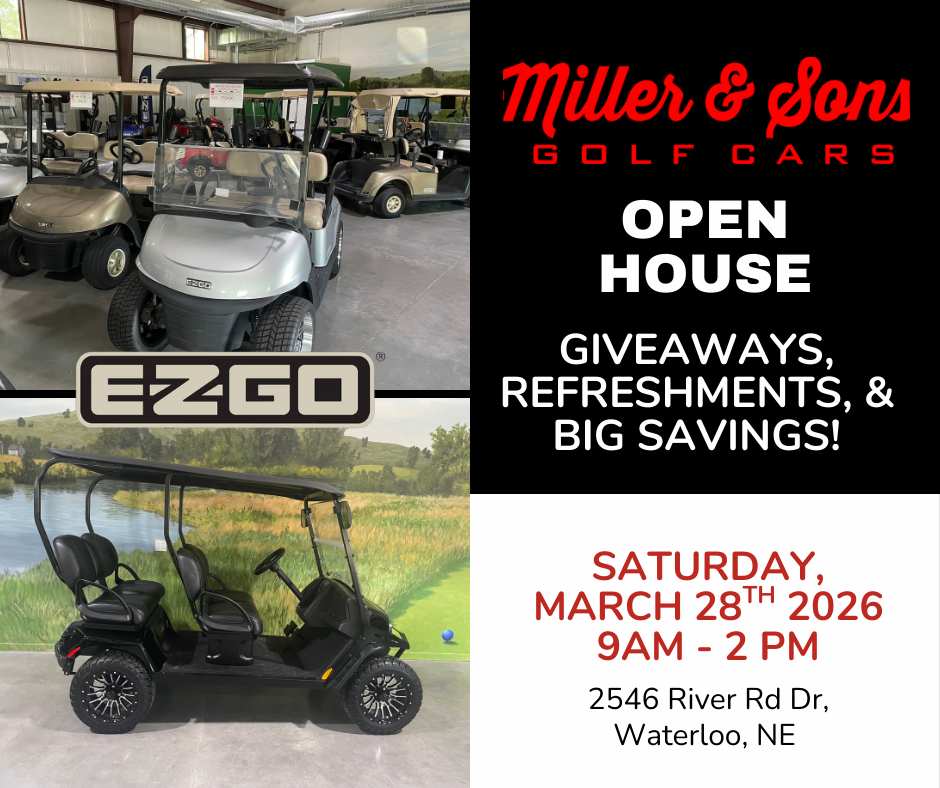 Open house flyer for Miller & Sons Golf Cars on March 7th showcasing golf carts, refreshments, and giveaways.