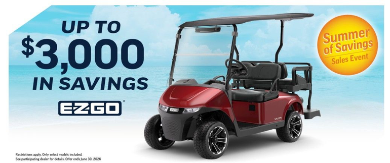 EZGO golf cart ad: up to $3000 off  until June 30,2026, with red golf cart.