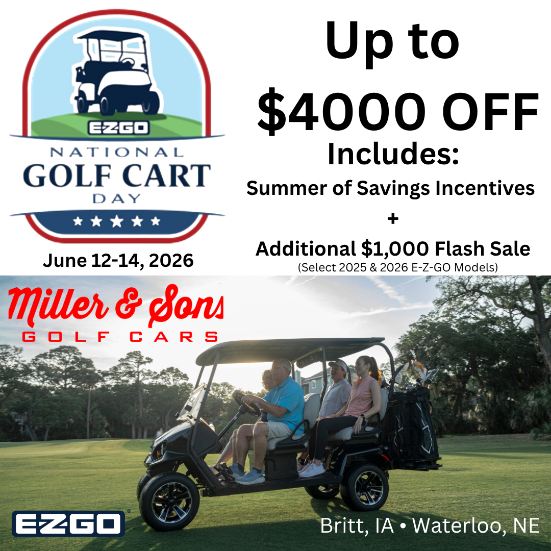 EZGO golf cart ad: up to $4000 off, June 12-14 2026, with two people in a golf cart outdoors