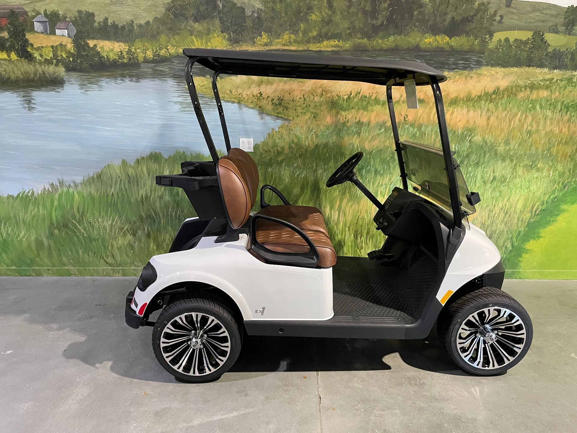 White golf cart with black roof and brown seats parked in front of a painted backdrop of a pond.