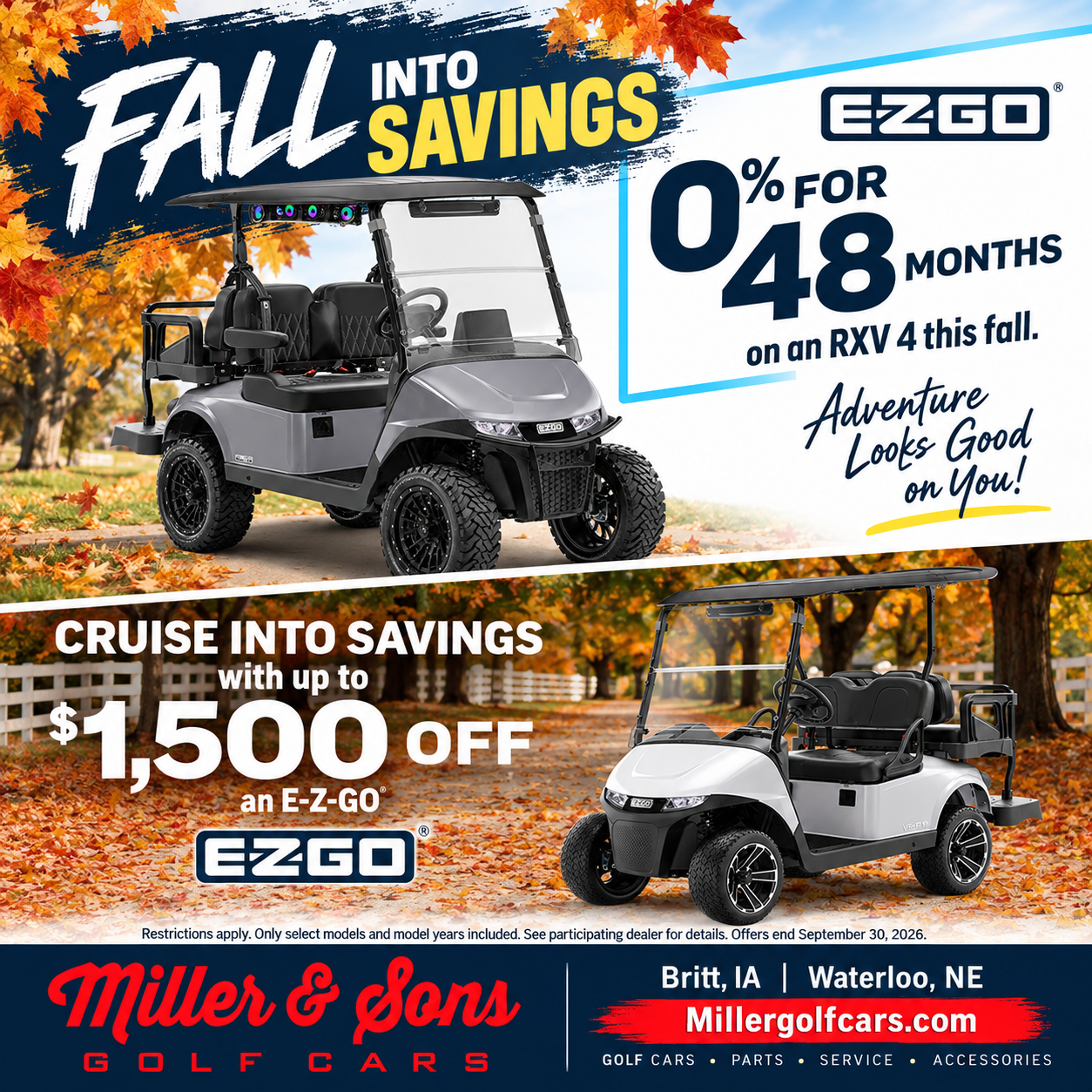 Fall savings ad for EZGO golf carts: 0% for 48 months or up to $1,500 off at Miller & Sons Golf Carts.