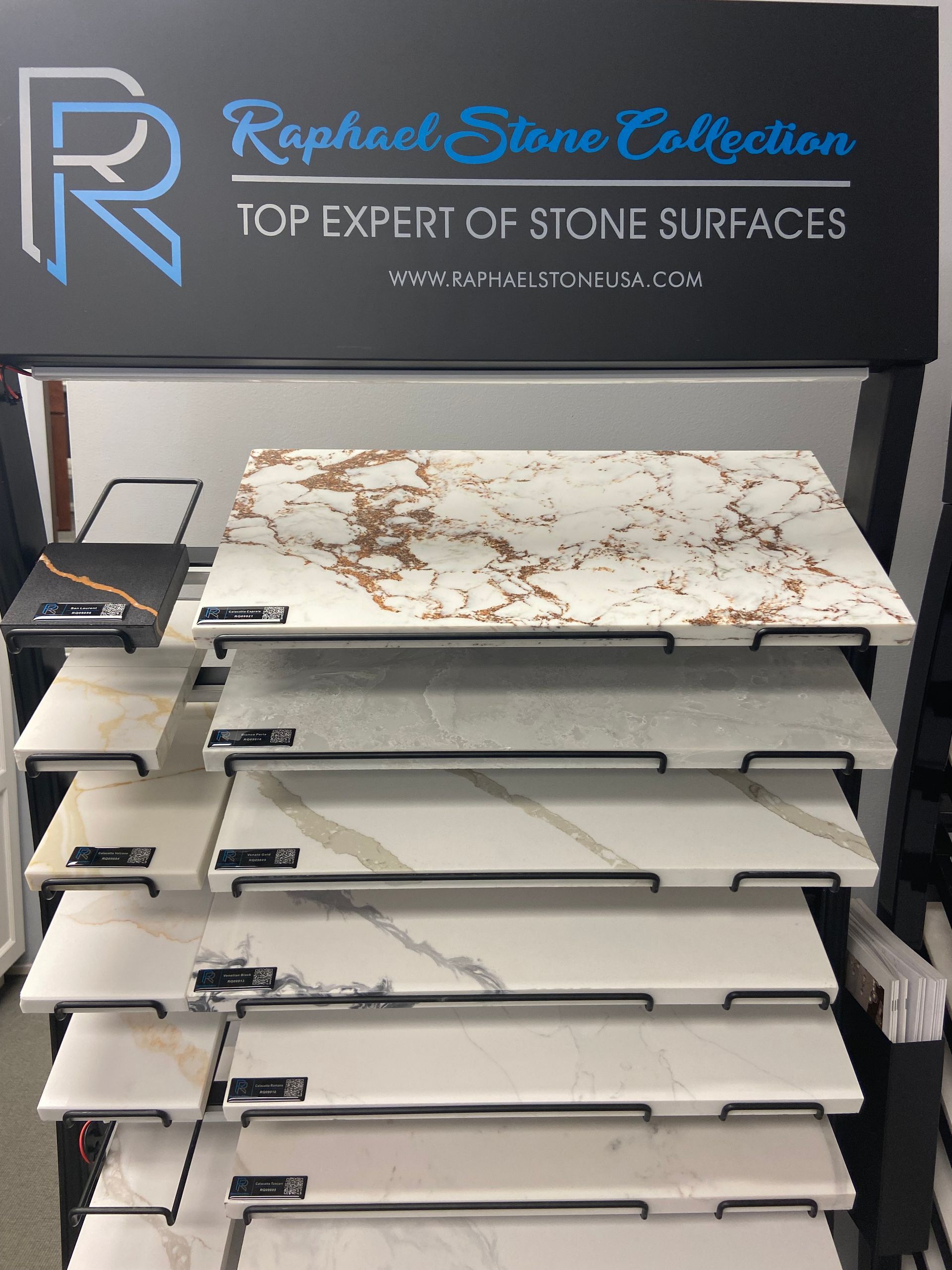 A display of different types of stone surfaces in a store.