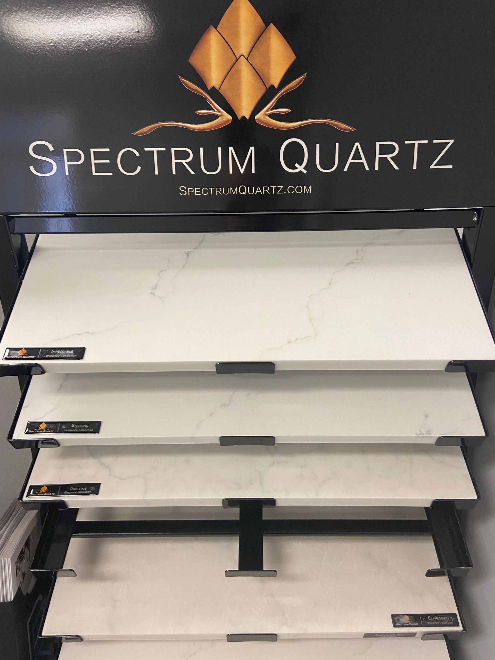 A display of spectrum quartz counter tops in a store