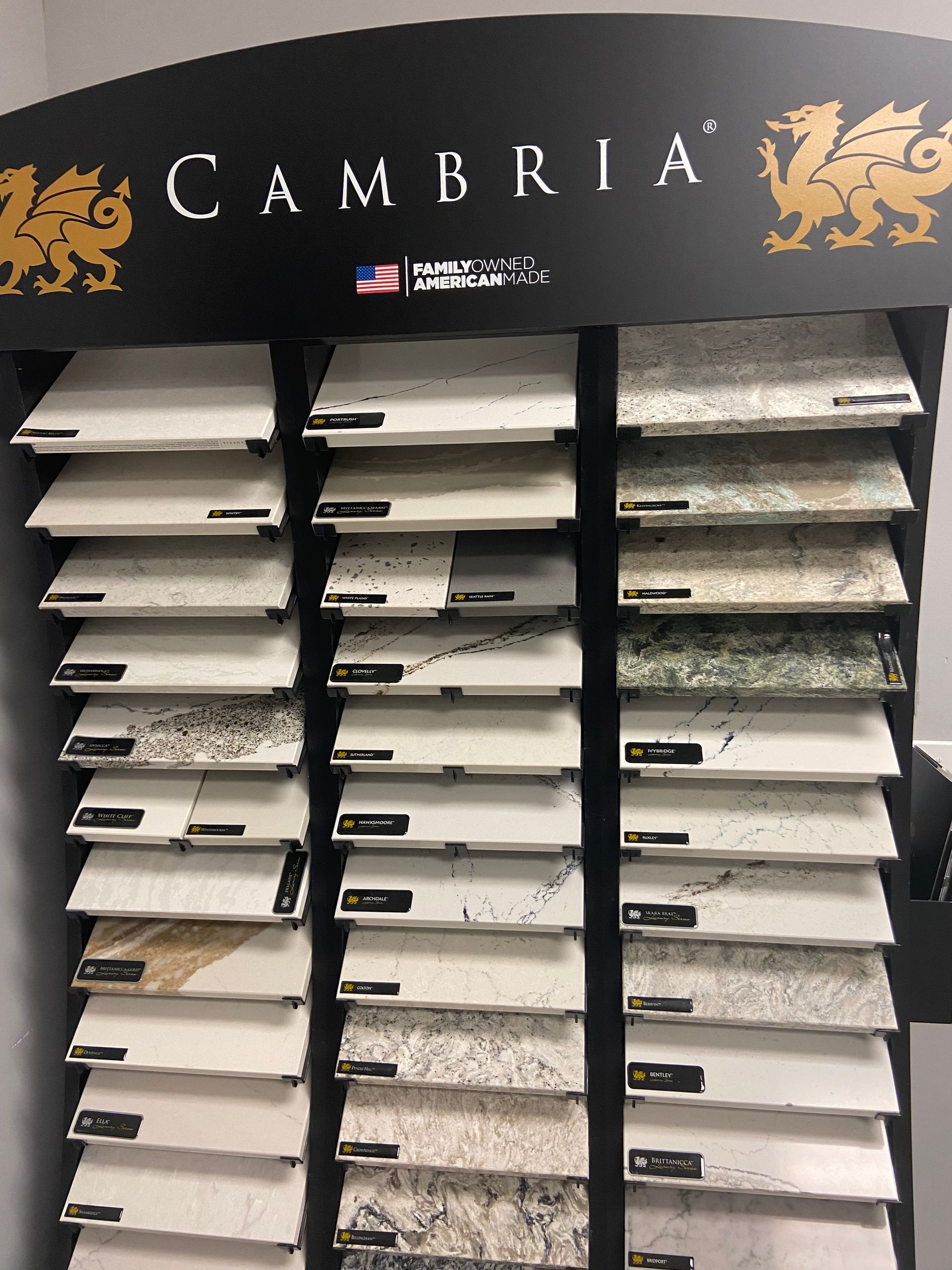 A display of cambria granite tiles in a store