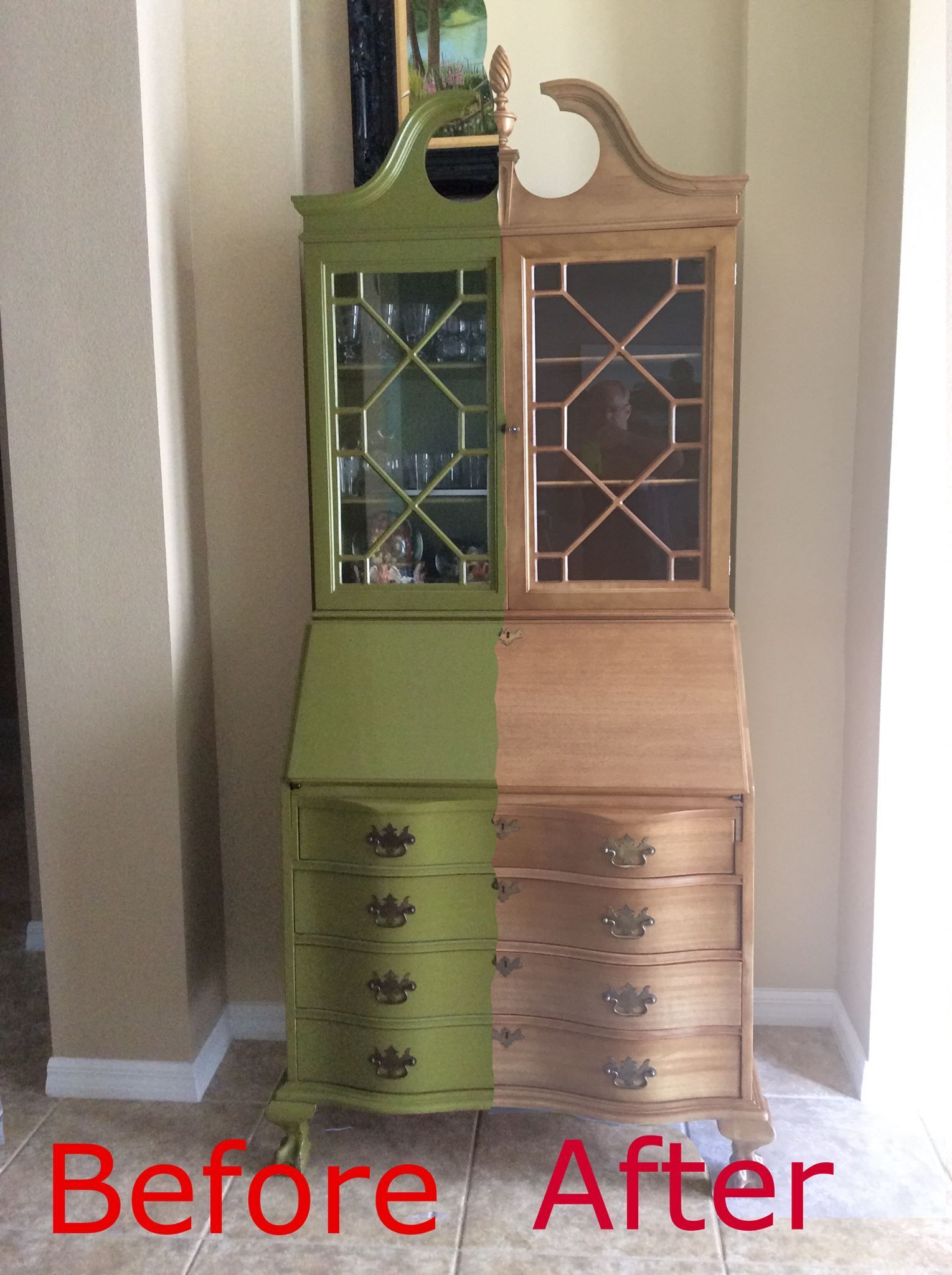 a before and after picture of a green and wooden cabinet