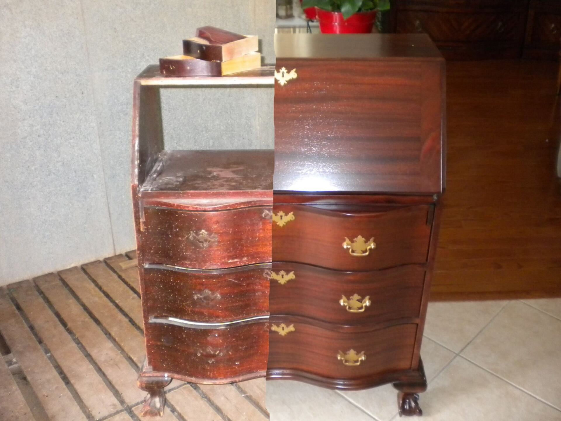 a before and after photo of a wooden dresser