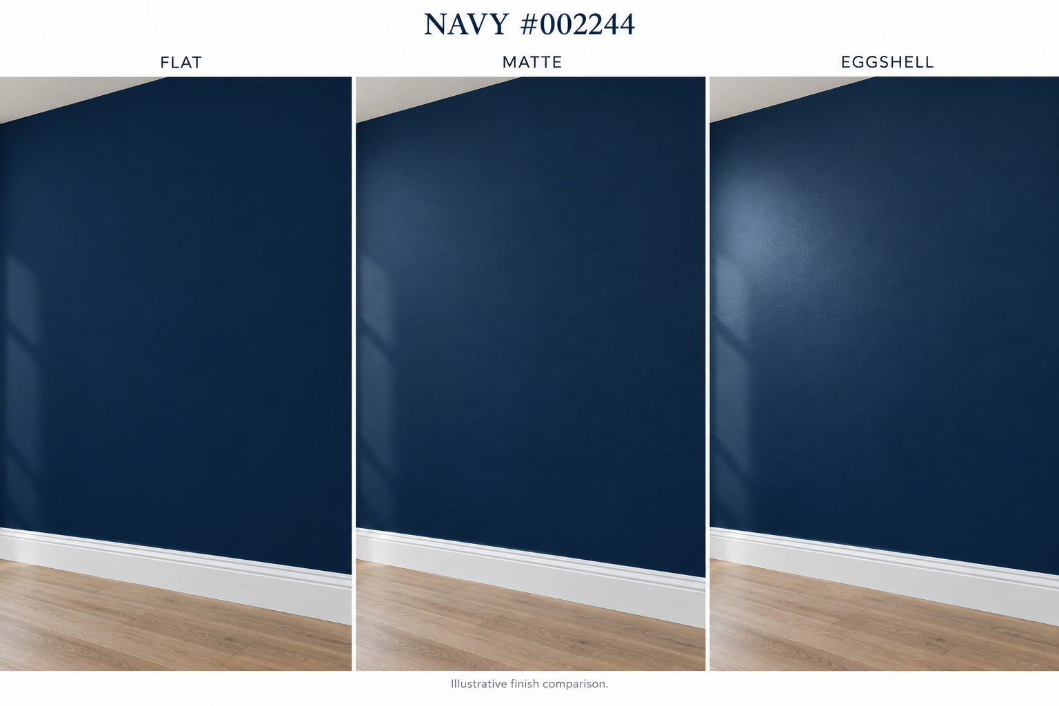 3 images, side by side, of a wall with navy paint in flat, matte, and eggshell sheens.