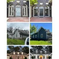 Collection of buildings: homes and doorways with various architectural styles.