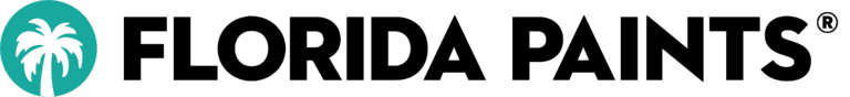 Logo for Florida Paints, with a palm tree inside a teal circle. Text is black.